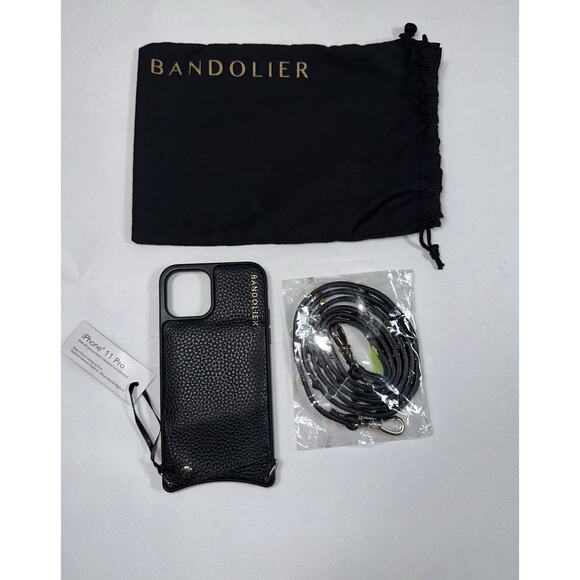 Bandolier For iPhone 11 Pro Emma Black Leather Gold Tone Studs Studded Strap NEW - Picture 2 of 4